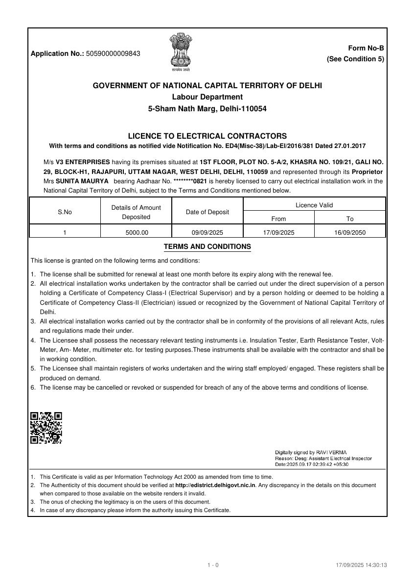Delhi Electrical Contractor Licence